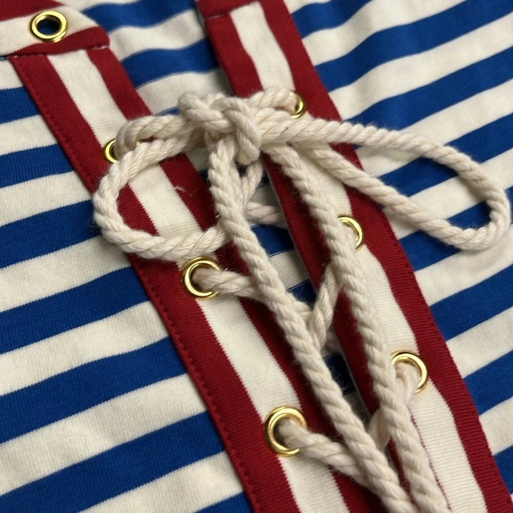 J. CREW Sammie Nautical Beach Baltic Stripe Lace Up 3/4 100% Cotton R/W/B Midi M